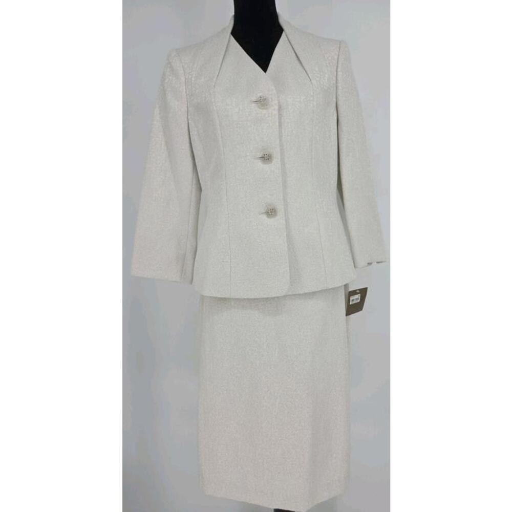 Kasper Metallic Skirt Suit‎ 8 Beige Cocktail Stand Up Collar 2PC NWT